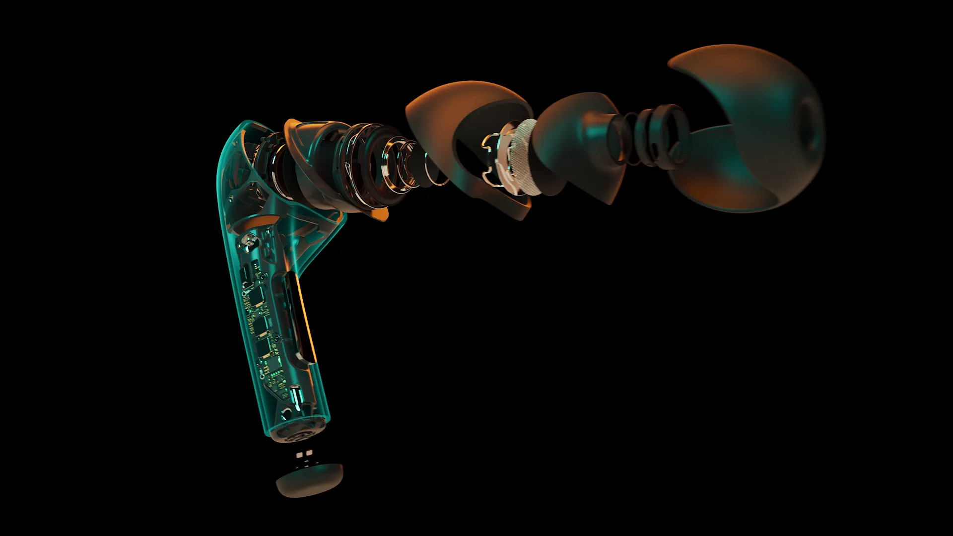 Exploded-view visualisatie van draadloze oordopjes